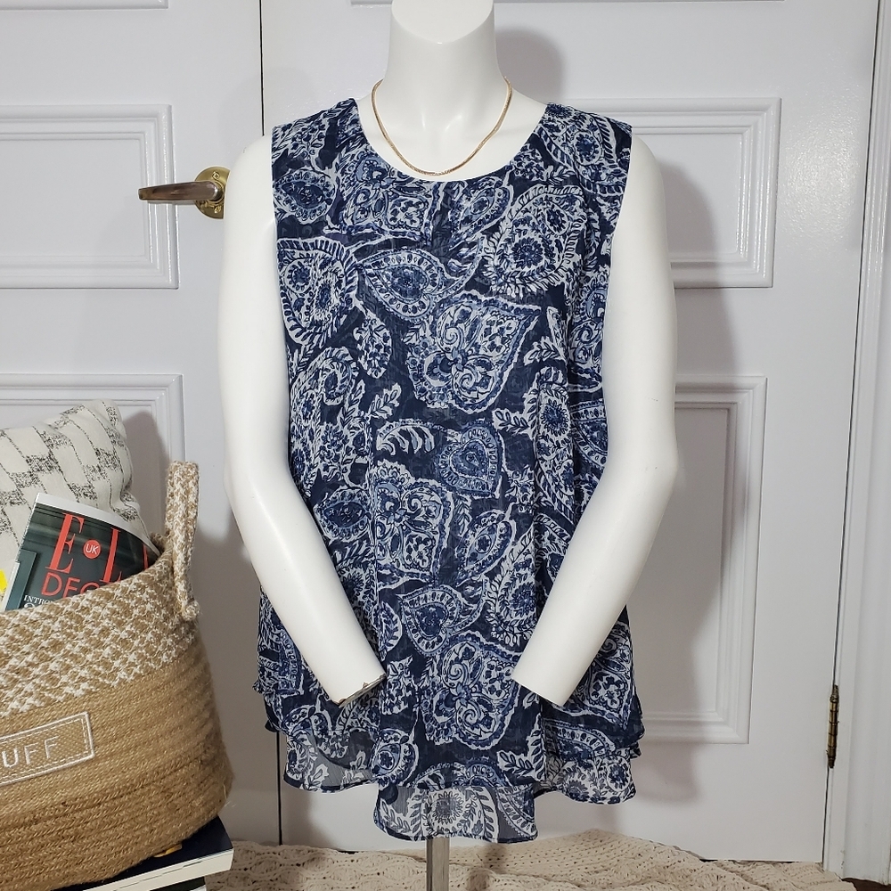 CHRISTINA B Malibu- Paisley Blue and White Tunic Layered Semi Sheer top- Large